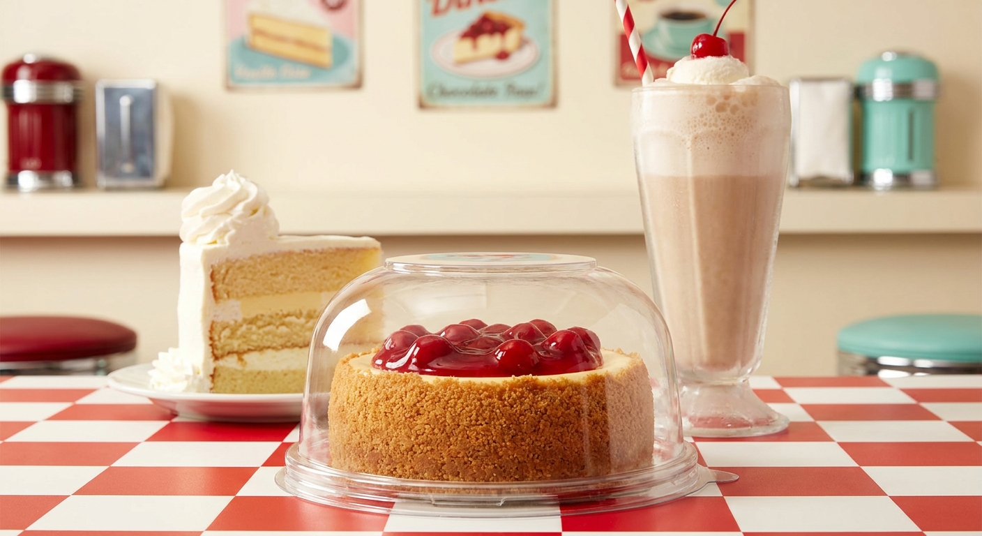 Cheesecake in a clear takeaway cup with graham crust and cherry topping